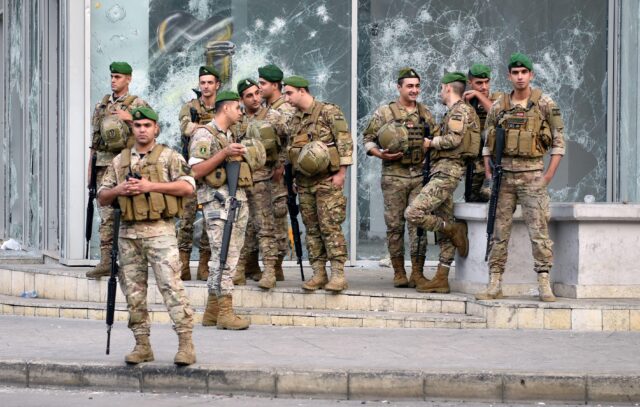 Lebanese army deployed on the streets during the October 2019 anti-government protests, Downtown, Beirut, Lebanon.
