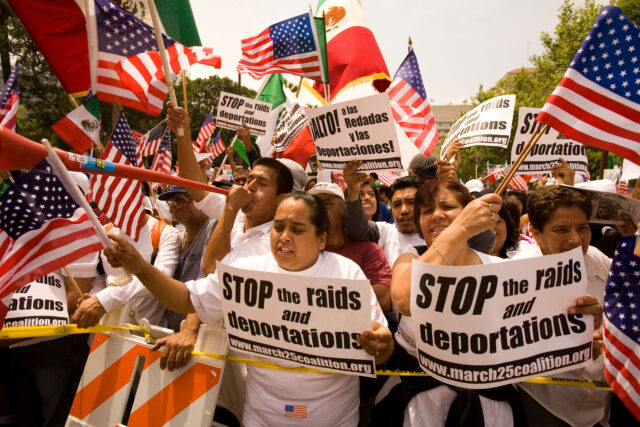 protesters at a May Day protest for immigrant rights at City Hall Los Angeles County California United States of America