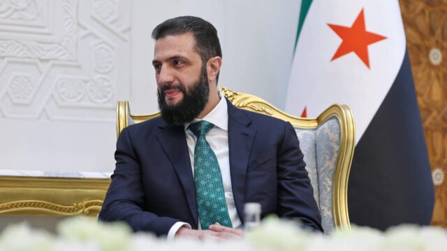 Syrian President Ahmed al-Sharaa receives Ukrainian President Volodymyr Zelensky at the People s Palace in Damascus, Syrian President Ahmed al-Sharaa receives Ukrainian President Volodymyr Zelensky at the People s Palace in Damascus, in the presence of de