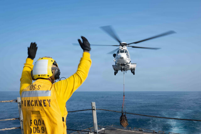USS Pinckney Conducts a Replenishment-at-Sea During Operation Epic Fury