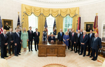 The Abraham Accords Are Standing the Test of Time, and of War President Trump seated at the Resolute Desk with Israeli, Emirati and Bahraini leaders and U.S. officials standing in the Oval Office