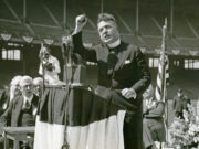 Father Coughlin addresses a rally at a stadium in Cleveland, Ohio, in 1936.
