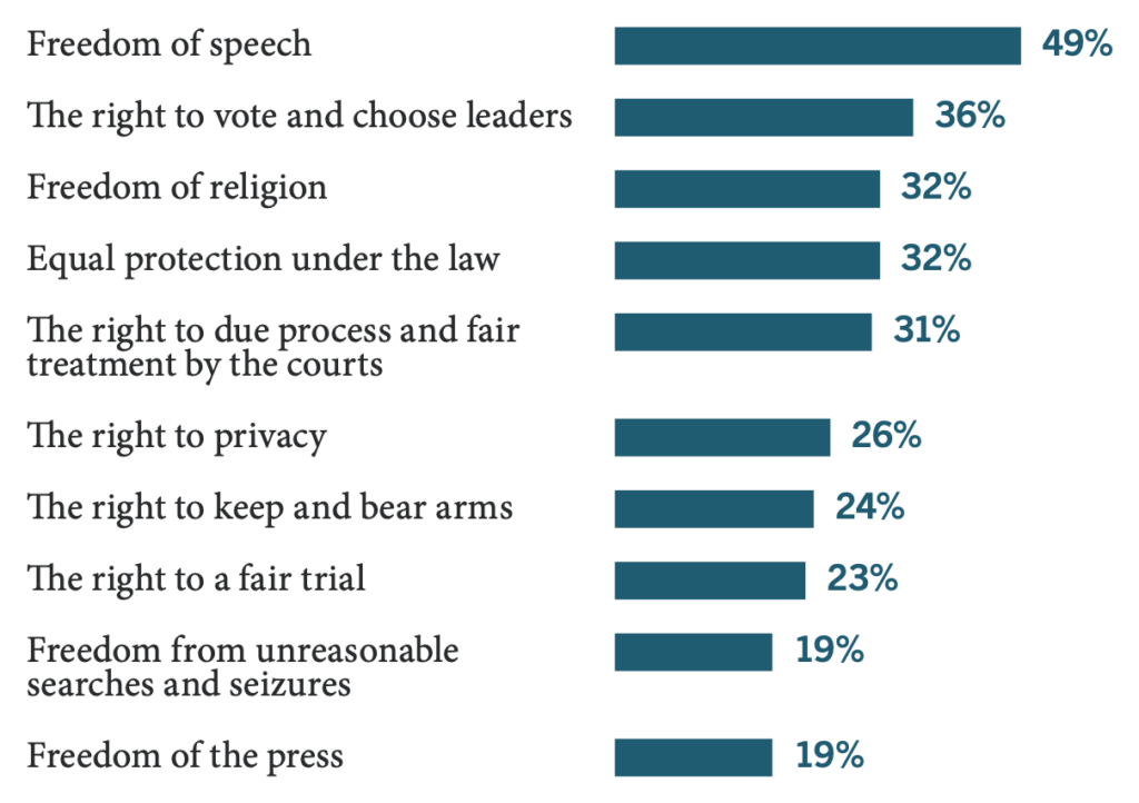 Most important rights and freedoms: freedom of speech 49%; the right to vote and choose leaders 36%; freedom of religion 32%; equal protection under the law 32%; due process and fair treatment by the courts 31%; privacy 26%; the right to keep and bear arms 24%; a fair trial 23%; freedom from unreasonable searches and seizures 19%; freedom of the press 19%.
