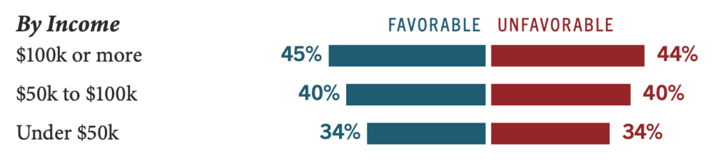View of socialism by income, favorable vs. unfavorable: $100k or more 45% / 44%; $50k to $100k 40% / 40%; under $50k 34% / 34%.